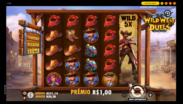 Jogo Wild West Duels mostrando Wild expandido com multiplicador 5x.